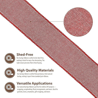 Mandala Crafts Red Burlap Wired Ribbon 2.5 Inches Wide Jute Ribbons for Crafts - 10 Yds Roll Rustic Burlap Wrap Trim Ribbons for Wreaths Bows Party Decoration