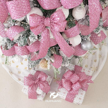 HUIHUANG Pink Wired Christmas Ribbon 4 inch Light Pink Glitter Wired Ribbon Diamond Mesh Wire Ribbon for X-mas Tree Decorations, Wreaths, Garland, Large Bows Making, Home Decor -10 Yards