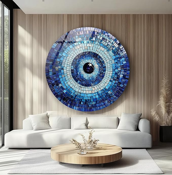 My Photostation.com 24''(60cm) Diameter Blue Mosaic Evil Eye Round Glass Wall Art Tempered Glass Printing Wall Decor Large Wall Art Wall Hangings