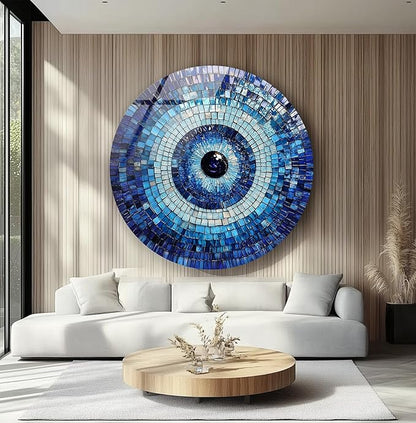 My Photostation.com 15.8''(40cm) Diameter Blue Mosaic Evil Eye Round Glass Wall Art Tempered Glass Printing Wall Decor Large Wall Art Wall Hangings