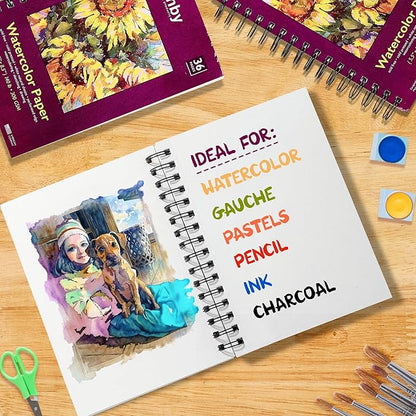 Ashby - 36 Sheets of Premium Watercolor Paper - 140lb / 300 GSM (5.5"x 8.5") - Spiral Bound, Acid-Free, Cold Press, Ideal for Most Wet & Dry Media, Artists & Students