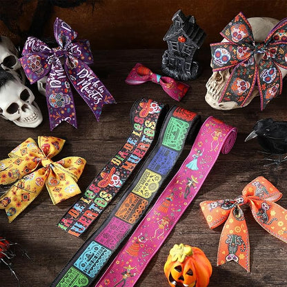 12 Rolls 60 Yards Day of The Dead Wired Edge Ribbons Black Purple Sugar Skull Flower Burlap Ribbon Dia De Los Meurtos Ribbon for Halloween Party DIY Craft Wreath Decor