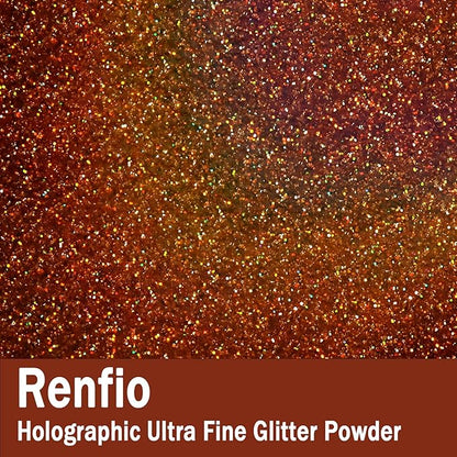 Renfio Holographic Ultra Fine Glitter Powder Metallic Resin Glitter 2.11 Oz (60g) PET Flakes Crafts Sequins 1/128" 0.008" 0.2mm Epoxy Chips Flakes for Tumblers Slime - Laser Light Copper