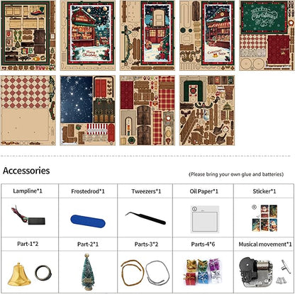 ISSEVE Book Nook Kit - DIY Miniature House Kit for Adults Teens Beginners, Christmas Dollhouse Booknook with Music Mechanism Tiny House Bookshelf Decoration 3D Wooden Puzzles (Christmas Shop)