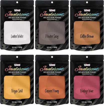 U.S. Art Supply Jewelescent Mica Pearl Pigment Powder Kit, 6 Metal Tones Colors, 3.5 oz (100g) Pouches - Cosmetic Grade, Epoxy Resin Color Pigment, Mica Powder for Resin, Soap, Slime, Candle Dye, Art