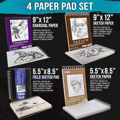 U.S. Art Supply 4-Pad Sketch Book and Drawing Paper Set (242 Sheets) - Sizes (5.5 x 8.5 and 9 x 12 Inch) Spiral Bound, Artist Drawing Pads for Mixed Media