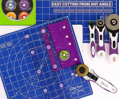 The Quilted Bear Rotating Cutting Mat 7" x 7" - Locking & Rotating Self Healing Cutting Board for Sewing, Fabric & Effortless Quilting - 360 Degree Sewing Supplies Mat for Craft Table (Blue)