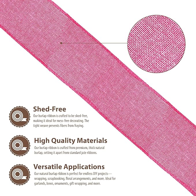 Mandala Crafts Hot Pink Burlap Ribbon 2 Inches Wide Jute Ribbons for Crafts - 20 Yds Roll Rustic Burlap Wrap Trim Ribbons for Wreaths Bows Wedding Party Decoration
