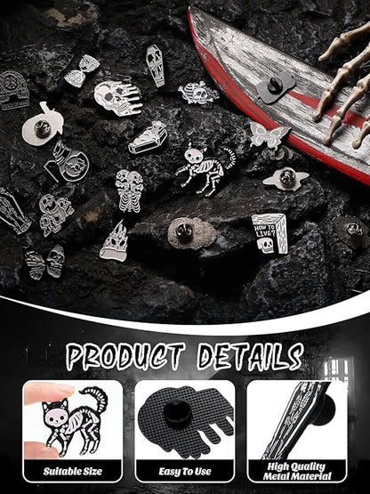 BBTO 20 Pieces Enamel Pins Skull Spooky Skeleton Enamel Pins Set Black Decorative Cartoon Goth Skull Horror Dark Brooch Cute Lapel Buttons for Jacket Backpack Hat Halloween