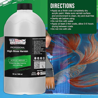 U.S. Art Supply 32 oz High Gloss Varnish for Acrylic Paintings - Clear Protective Finish with UV Protection