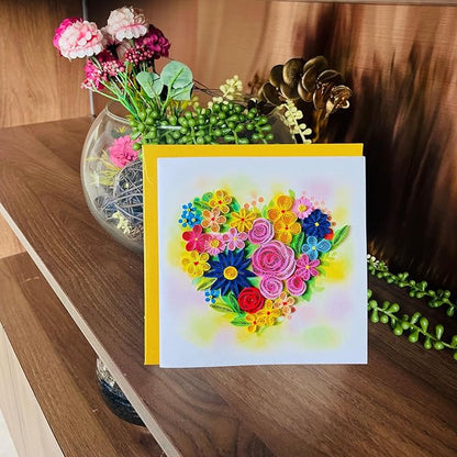 Quilling Cards, handmade card, quilled cards with Handmade Art Quilling birthday card for women, Birthday card, mother... colorful heart design (Flowers Heart 2)