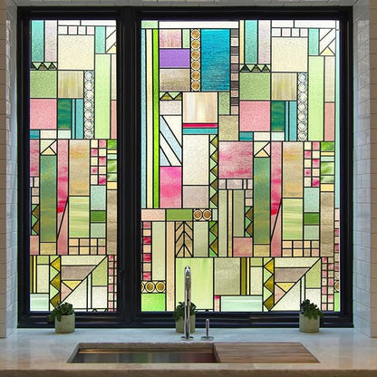 3D Stained Glass Window Privacy Film, Heat Control UV Blocking Static Cling Decorative Window Film for Bathroom,Front Door,Home Non Adhesive,Colorblock 16.9 x 39.3 inches