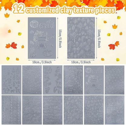 12 Pcs Fall Polymer Clay Texture Sheets Set, Maple Leaves, Pumpkin Miniature Clay Molds Pine Cone Pattern Silicone Polymer Clay Molds for Fall Autumn Thanksgiving Jewelry Earrings Making