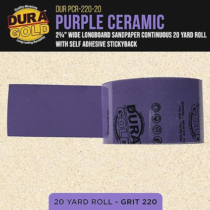 Dura-Gold Premium 220 Grit PSA Purple Film Ceramic Longboard Sandpaper, 2-3/4" Wide Continuous 20 Yard Roll - Self Adhesive Stickyback for Auto & Wood Air File Long Board Sanders, Hand Sanding Blocks