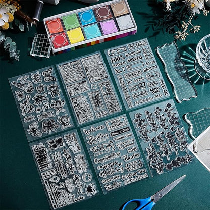 29 Pcs Acrylic Stamps for Crafting Card Making Supplies Set Include 3 Acrylic Clear Stamp Blocks, 6 Clear Silicone Stamps Seals, 20 Craft Ink Pads Stamp for DIY Scrapbooking Journal