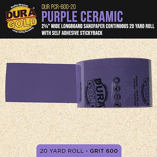 Dura-Gold Premium 600 Grit PSA Purple Film Ceramic Longboard Sandpaper, 2-3/4" Wide Continuous 20 Yard Roll - Self Adhesive Stickyback for Auto & Wood Air File Long Board Sanders, Hand Sanding Blocks
