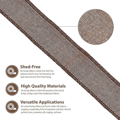 Mandala Crafts Brown Burlap Wired Ribbon 2 Inches Wide Jute Ribbons for Crafts - 10 Yds Roll Rustic Burlap Wrap Trim Ribbons for Wreaths Bows Party Decoration