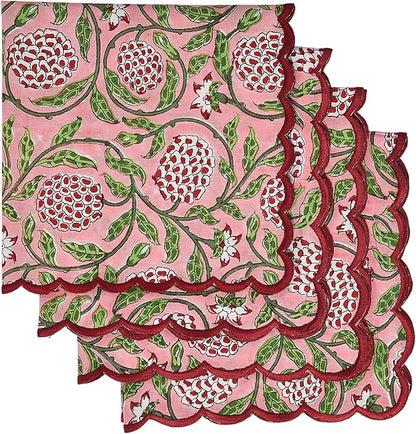 Ridhi Strawberry Pink Hand Block Print Napkins 18" x 18" Set of 4 Reusable Cotton Dinner Napkins for Weddings, Parties & Everyday Dining, Thanksgiving, Christmas, Fall