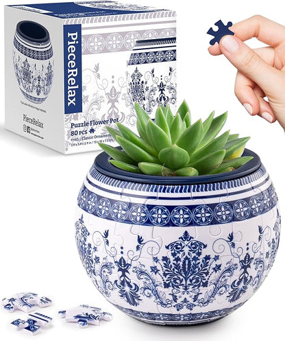 PieceRelax 3D Puzzle Planter - Classic Ornamental Style - Small Round Plant Pots with Drainage, Home Decor Flower Pots for Indoor Cactus, Succulents Pots [K1103]