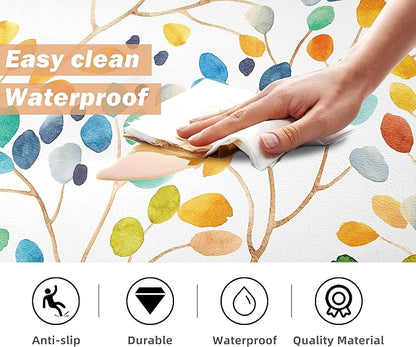 weesire Anti Fatigue Mats for Kitchen Floor Boho Kitchen Rugs Colorful Floral Leaves Memory Foam Cushioned Non-Slip Waterproof Kitchen Mat PVC Kitchen Rug Set, 17.3x28+17.3x47 inches, Laundry, Yellow