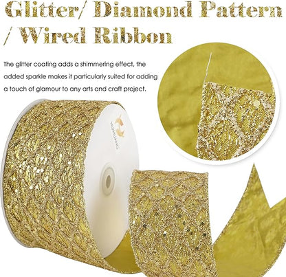 HUIHUANG Gold Glitter Wired Ribbon for Christmas Tree 2.5 inch Gold Diamond Mesh Ribbon for Tree Decoration, Wreaths, Garland, Gift Wrapping, Large Bows Making, Home Decor -10 Yards
