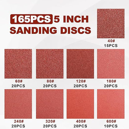 165 PCS 5 Inch Sanding Discs, 8 Hole Hook and Loop Round Sandpaper 40/60/80/120/180/240/320/400/600 Grits for Random Orbital Sander