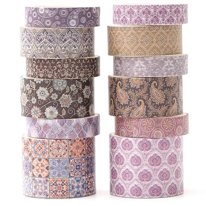 12 Rolls Exotic Charm Washi Tape Set Floral Arts Adhesive Tapes Geometric Garden Decorative Masking Tape Sets for Craft, Kids, Scrapbook, DIY, Gift Wrapping (Amethyst Elegance)