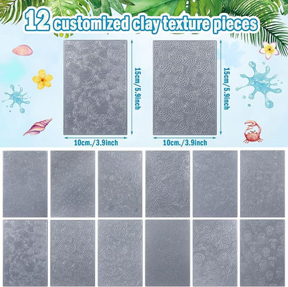 12pcs Polymer Clay Texture Sheets Set Works with Polymer Clay Cutter Embossing Clay Texture Roller DIY Sheets for Jewelry Earring Making DIY Craft Supply (Summer)