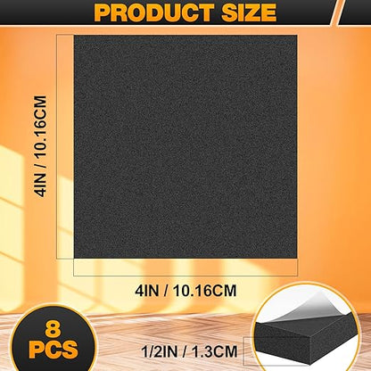 MYFAMIREA 8 PCS Adhesive Foam Padding Sheets Closed Cell Self Adhesive Sticky Foam Pads, 1/2" Thick 4'' x 4'' Neoprene Rubber Sheets Non-Slip Insulation Pads Vibration for Furniture Crafts Cars, Black