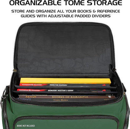 ENHANCE Collector's Edition RPG Adventurer's DnD Bag - Dragon Hide Exterior Travel RPG Bag with Tabletop Miniatures Storage Vault, Mat Holder, DnD Dice & Token Pockets, Fits 4-8 Books (Dragon Green)