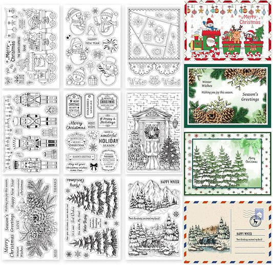ORIGACH 9 Sheets Different Style Winter Christmas Clear Stamps Silicone Transparent Stamps for Card Making Decoration and DIY Scrapbooking