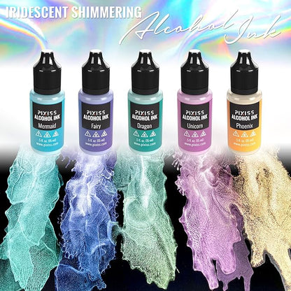 Pixiss Iridescent Color Changing Alcohol Ink Set - 5 Shades of Alcohol Ink for Epoxy Resin Supplies, Yupo Paper, Tumblers, Coasters - Resin Colorant for Epoxy Resin and Resin Art Supplies
