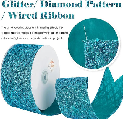 HUIHUANG Turquoise Glitter Wired Ribbon for Christmas Tree 2.5 inch Peacock Blue Diamond Mesh Ribbon for Tree Decoration, Wreaths, Garland, Gift Wrapping, Large Bows Making, Home Decor -10 Yards