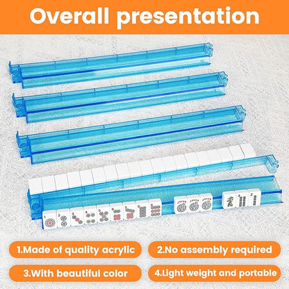 Mahjong Racks with Pushers,Blue Acrylic American Majiang Tile Racks,Imports Modern Mahjong Racks with Built-in Pushers- Set of 4
