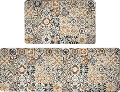 Boho Kitchen Rugs Set 2 Memory Foam Colorful Ceramic Comfort Tile Floor Mat Anti Fatigue Non-Skid PVC Runner Rug Water & Oil Proof Carpet for Kitchen Laundry Sink,17.3x28+17.3x47 Inch, C3