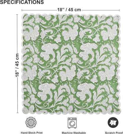 Ridhi Sage Green Hand Block Print Napkins 18" x 18" Set of 4 Reusable Cotton Dinner Napkins for Weddings, Parties & Everyday Dining, Thanksgiving, Christmas, Fall