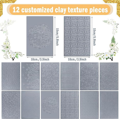 12 Pcs Polymer Clay Texture Sheets Mat Works with Polymer Clay Cutter Embossin Roller DIY Tools for Pottery Earrings Jewelry Making