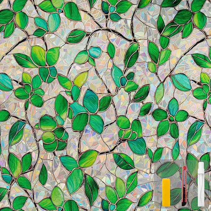 Window Privacy Film Stain Glass Window Film Rainbow Window Film Window clings Non-Adhesive Reusable Decorative for Room (Greenery Leaf, 23.6 x 78.7 in)