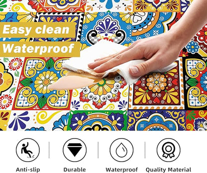 Boho Kitchen Rugs Set 2 Memory Foam Colorful Ceramic Comfort Tile Floor Mat Anti Fatigue Non-Skid PVC Runner Rug Water & Oil Proof Carpet for Kitchen Laundry Sink,17.3x28+17.3x47 Inch, C2