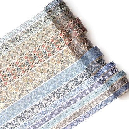 12 Rolls Exotic Charm Washi Tape Set Floral Arts Adhesive Tapes Geometric Garden Decorative Masking Tape Sets for Craft, Kids, Scrapbook, DIY, Gift Wrapping (Azure Serenity)