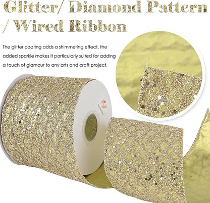HUIHUANG Champagne Gold Christmas Ribbon 4 inch Glitter Wired Ribbon Diamond Mesh Wire Ribbon for X-mas Tree Decorations, Wreaths, Garland, Large Bows Making, Wedding Decor -10 Yards