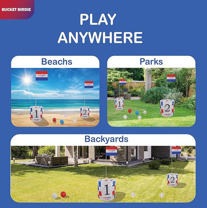 Bucket Birdie Backyard Golf Game — 6 Hole Yard Game with Adjustable Clubs, Flags, Balls, Turf Mats, and Carry Bag — Outdoor Golf Bucket for Adults and Kids