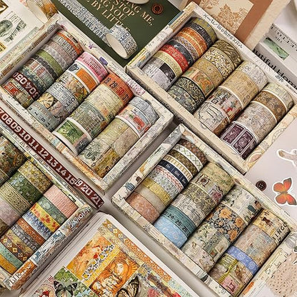 Vintage Washi Tape Set - 24 Rolls Arts Adhesive Tapes Assorted Retro Decorative Masking Tape Sets for Craft, Kids, Scrapbook, DIY, Gift Wrapping (9-Monochrome Mood)