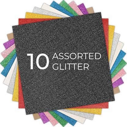 HTVRONT Glitter HTV Heat Transfer Vinyl Bundle: 10 Pack 12"x12" Iron on Vinyl for T-Shirt (1 PTFE Sheet Included), PU HTV Easy to Cut & Weed for Heat Design