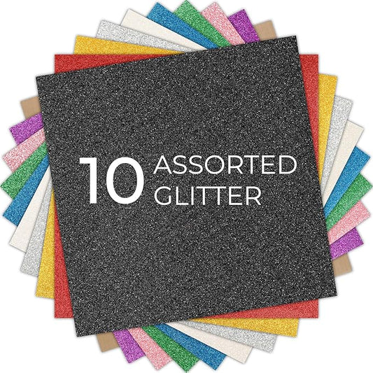 HTVRONT Glitter HTV Heat Transfer Vinyl Bundle: 10 Pack 12"x12" Iron on Vinyl for T-Shirt (1 PTFE Sheet Included), PU HTV Easy to Cut & Weed for Heat Design