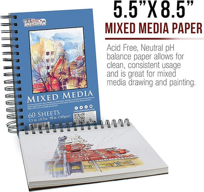 U.S. Art Supply 5.5"x8.5" Mixed Media Sketchbook, 2 Pack (60 Sheets), 98 lb (160 GSM) - Spiral-Bound Pad with Perforated Acid-Free Paper - Artist Sketch Book for Drawing, Painting, Watercolor