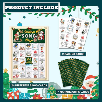 Christmas Bingo Games for 24 Players, Christmas Song Bingo Cards for Adults Large Group, Winter Hoilday Party Supplies, Family Activities New Year Favors -06