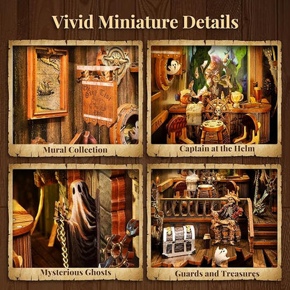 3D Wood Puzzle Book Nook Kit, Pirate Bookshelf Insert with LED Lights, DIY Pirate Miniature Bookend Décor for Display, Unique Craft Gift for Adults and Teens (New World)