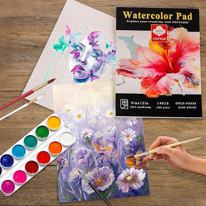 FEITAKE Watercolor Sketchbook 9"x12" Watercolor Paper Pad 100% Cotton/Cold Pressed /140lb (300gsm)/ Acid Free Artist Grade Water Color Art Drawing & Painting Paper -20 Sheets Pack