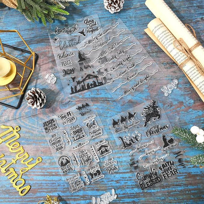 Whaline 4 Sheets Christmas Clear Stamps Greeting Words Nativity Scene Silicone Transparent Stamps Holy Night Stamp for Xmas DIY Craft Card Making Scrapbooking Embossing Album Decor